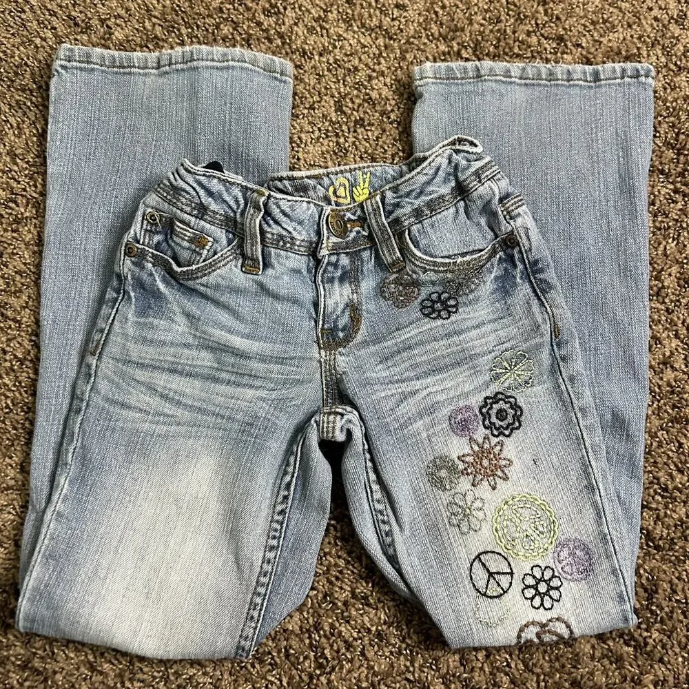 Vintage Y2K Girls Sz 8 Mudd Baby Flare Hippie Peace Sign Flare Jeans - Picture 2 of 16